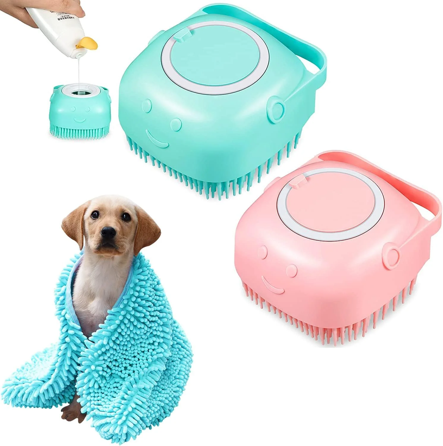 ست برس حمام سگ، ابزار برس حمام حیوانات خانگی به همراه حوله حمام حیوانات خانگی، برس ماساژ شامپو سیلیکونی نرم، مناسب برای حمام کردن سگ ها و گربه های مو بلند و مو کوتاه