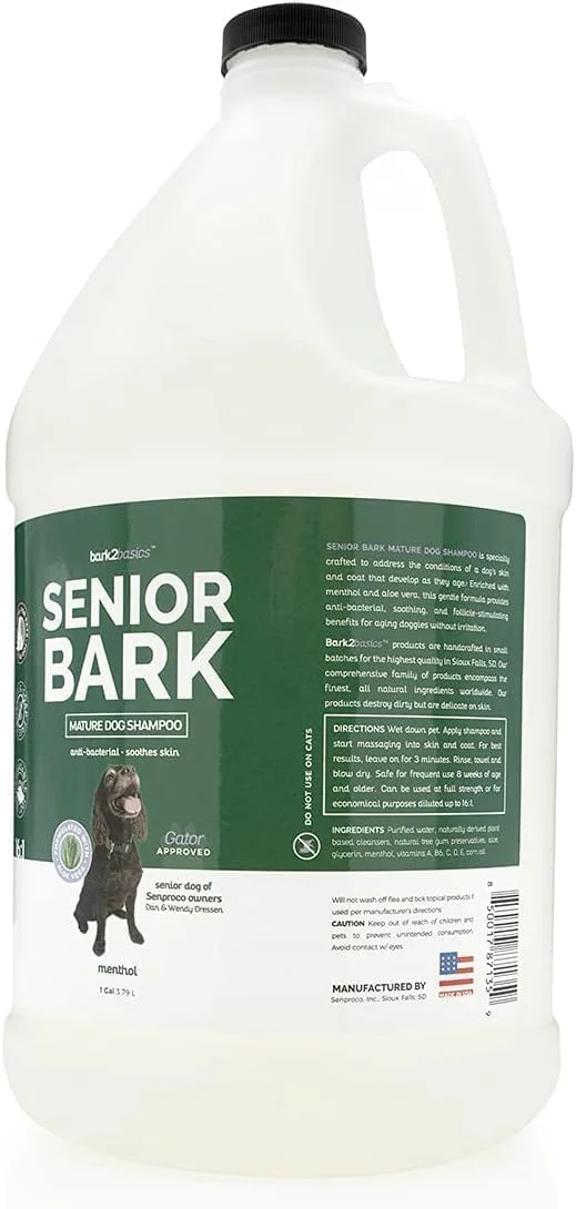 شامپو سگ Bark2Basics مخصوص سگ های مسن | 1 گالن، فرموله شده تخصصی برای سگ های مسن، غنی شده با منتول و آلوئه ورا، تسکین دهنده عضلات و مفاصل، محرک فولیکول