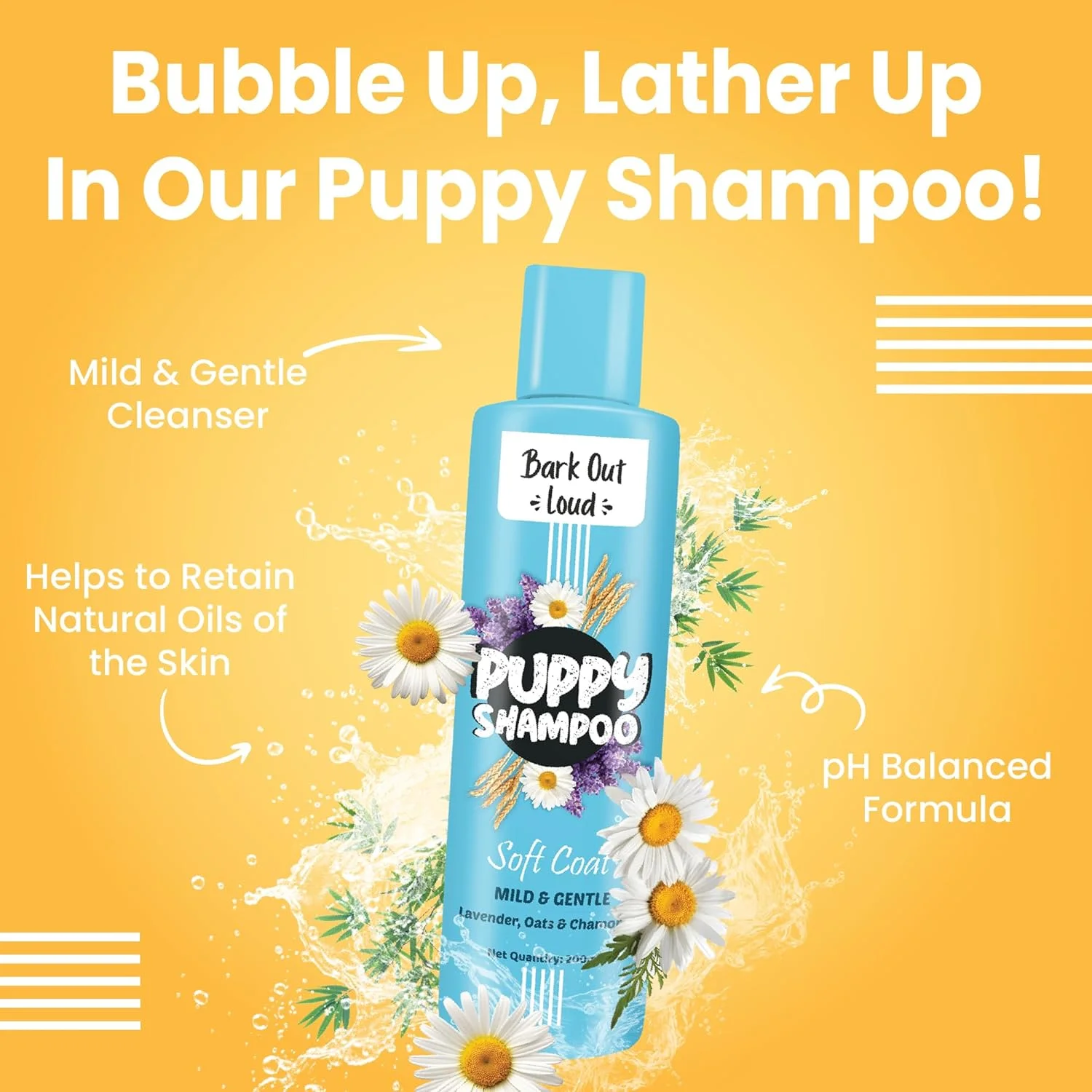 شامپو توله سگ Bark Out Loud by Vivaldis، ملایم برای پوشش، با بابونه، رزماری، جو دوسر، آرام بخش، ضد باکتریایی با تسکین خارش (مناسب برای همه نژادها) - 200 میلی لیتر