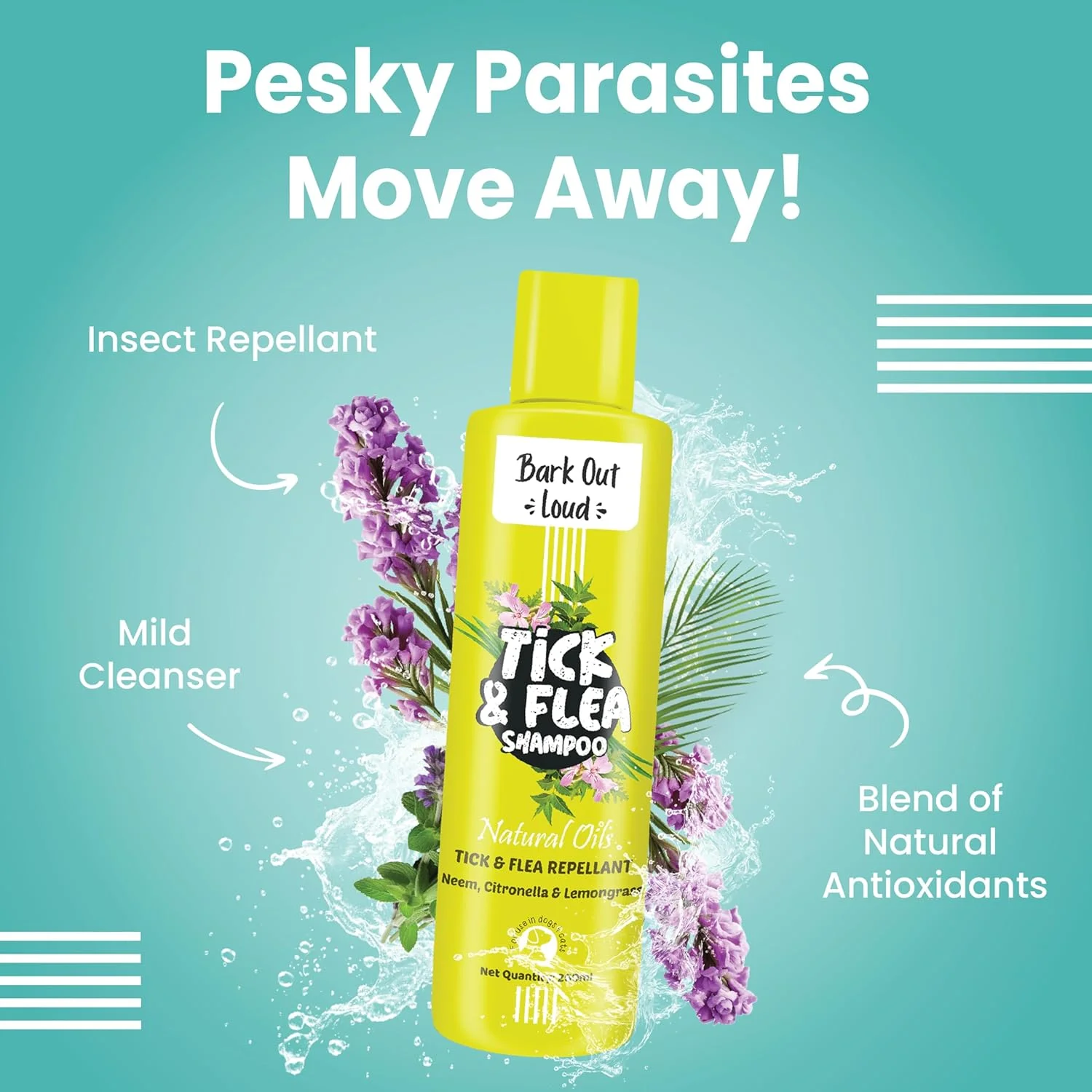 شامپو ضد کک و کنه سگ و گربه Bark Out Loud by Vivaldis، حاوی عصاره چریش و سیترونلا، از بین برنده و دور کننده انگل ها، شامپو فرمول تسکین خارش برای سگ و گربه - 200 میلی لیتر