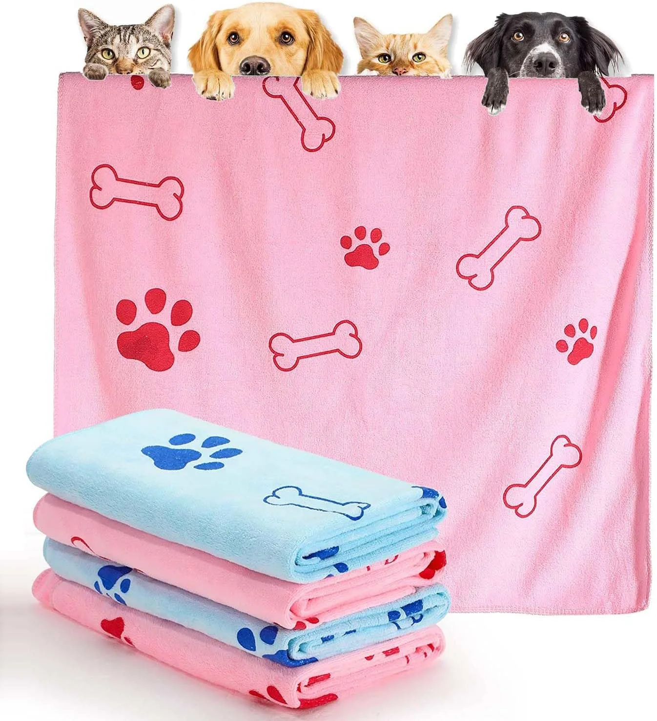 حوله خشک کن سگ Azonee برای خشک کردن سگ، گربه و حیوانات خانگی - بسته 4 عددی، 60x100 سانتی متر، طرح استخوان، خشک شدن سریع، جاذب، پارچه میکروفیبر نرم، آبی