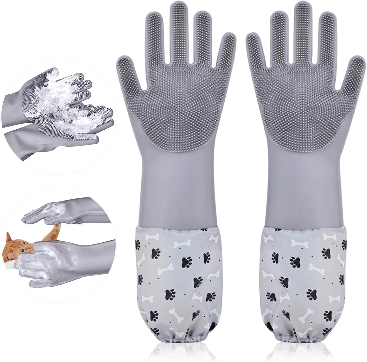 دستکش های نظافت حیوانات خانگی Azonee، دستکش حمام سگ با دندانه های متراکم، از جنس سیلیکون مقاوم در برابر حرارت برای از بین بردن موی گربه با طراحی پنج انگشتی تقویت شده، مناسب برای حمام و ماساژ سگ و گربه (خاکستری)