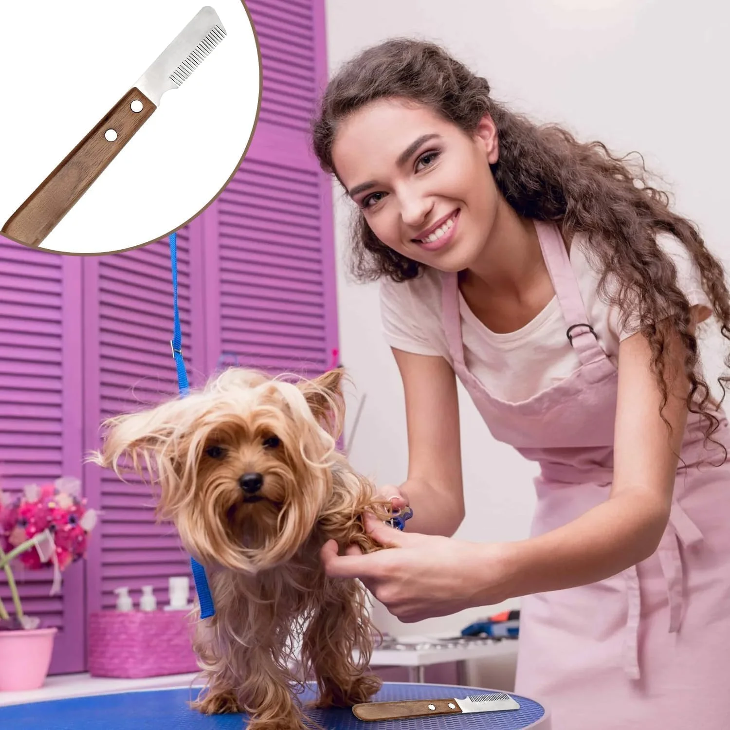 شانه موکن سگ Azonee، ابزار حرفه ای موکنی دستی برای نظافت نژاد بوردر تریر، دسته چوبی ارگونومیک