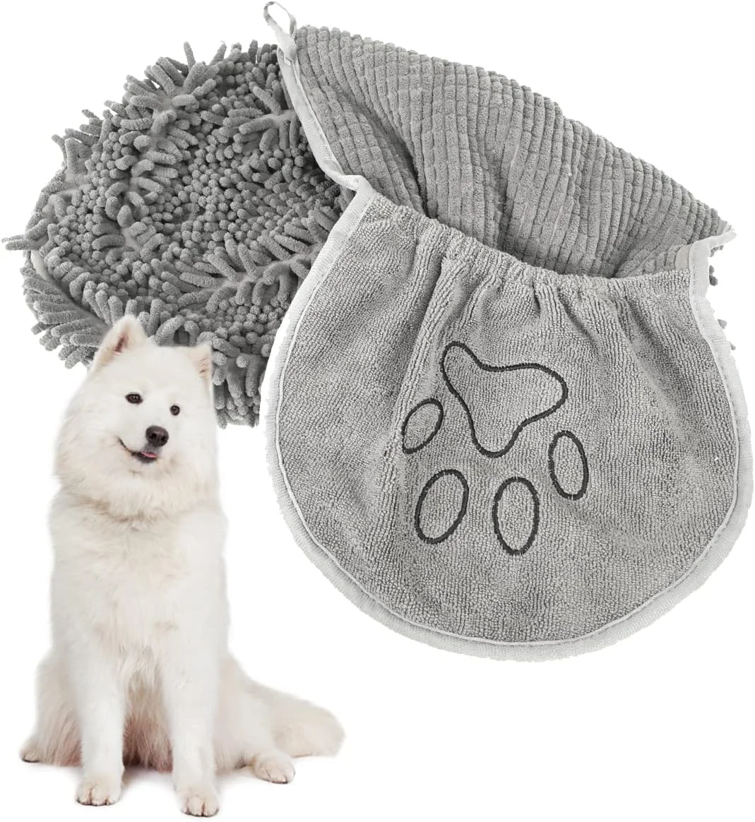 حوله خشک کن سگ آزونی، حوله های حمام سگ میکروفیبر فوق العاده جاذب برای خشک کردن سگ ها و گربه ها، دستکش های تمیز کننده شمسی برای پنجه های توله سگ و بچه گربه، قابل شستشو در ماشین لباسشویی، خاکستری، 35x80 سانتی متر