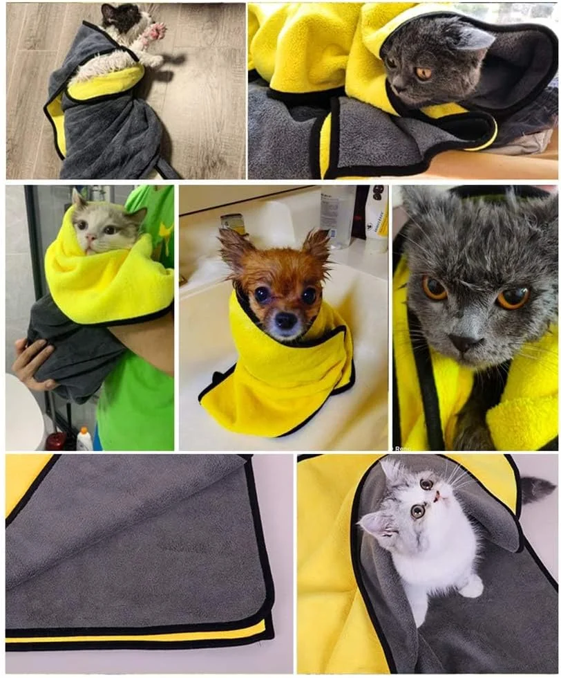 حوله حمام سگ Azonee، 2 عدد، حوله مخملی مرجانی فوق العاده جاذب، حوله شامپو سگ، حوله حمام حیوانات خانگی، حوله نظافت گربه برای سگ ها و گربه های متوسط، قابل شستشو در ماشین لباسشویی، زرد و خاکستری 50x100 سانتی متر