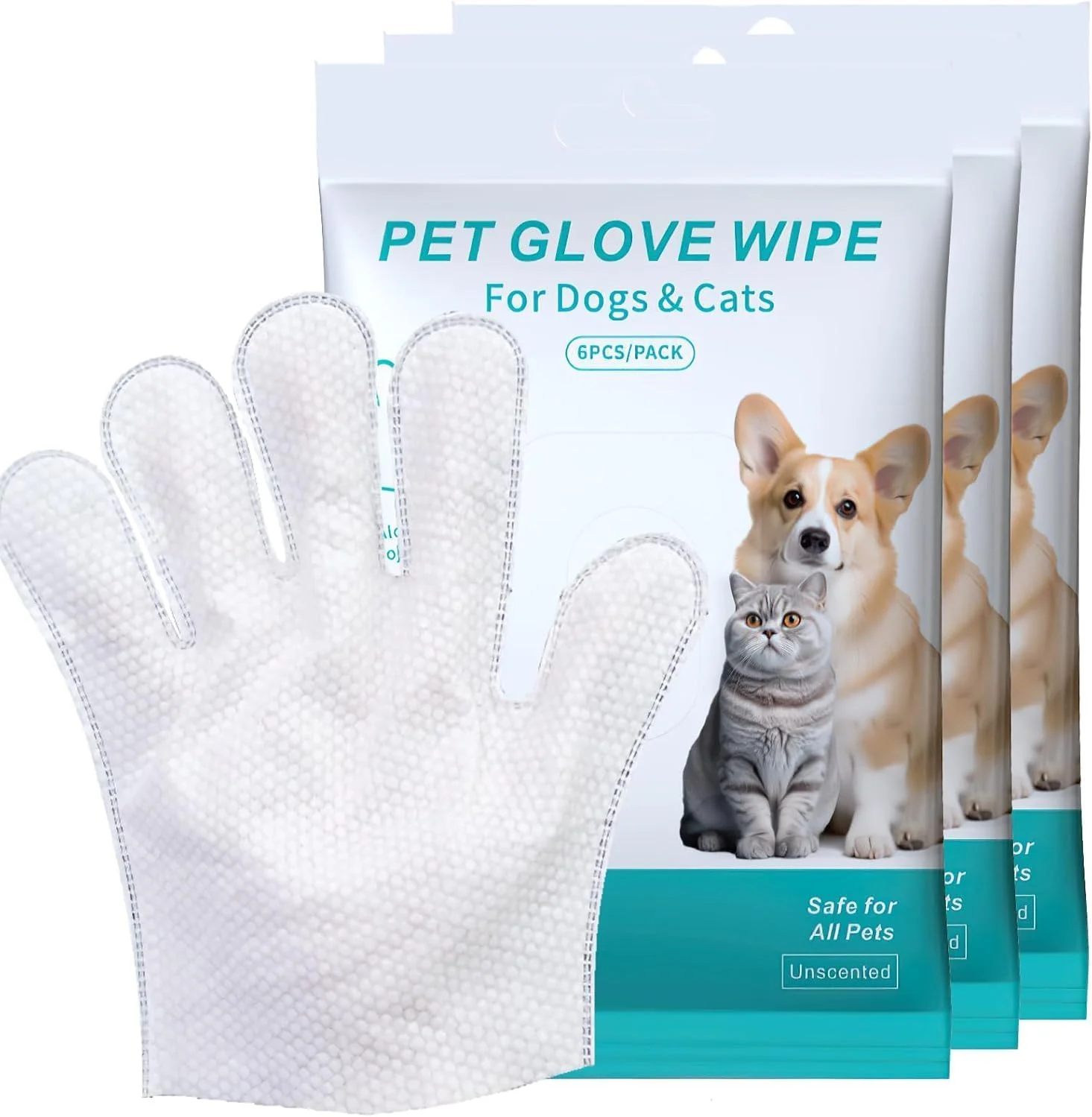 دستمال مرطوب دستکشی تمیز کننده حیوانات خانگی برای سگ و گربه، دستمال مرطوب هایپوآلرژیک و خوشبو کننده Azonee برای نظافت خز، صورت، پنجه ها و گوش ها، بدون نیاز به آب و مناسب سفر، ایده آل برای استفاده روزانه (18 عدد، 3 بسته)