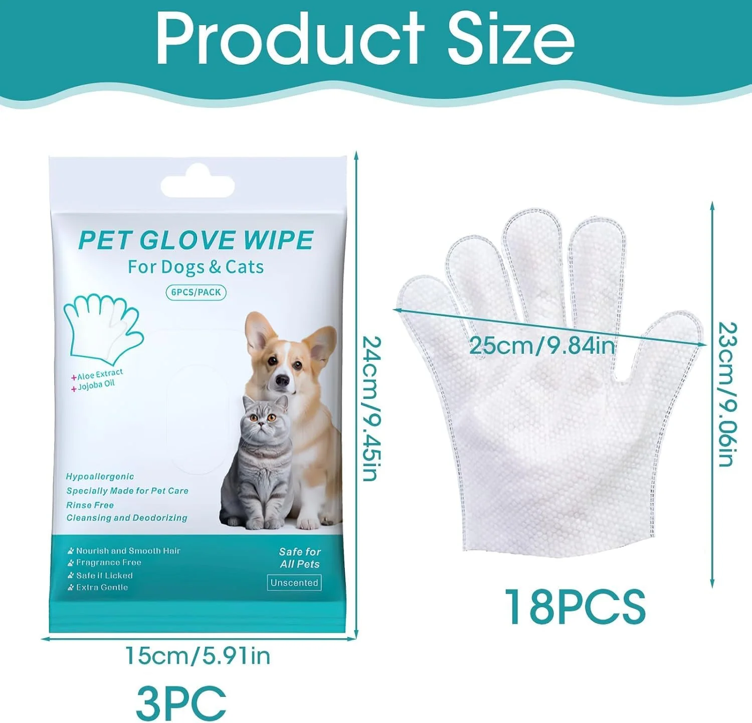 دستمال مرطوب دستکشی تمیز کننده حیوانات خانگی برای سگ و گربه، دستمال مرطوب هایپوآلرژیک و خوشبو کننده Azonee برای نظافت خز، صورت، پنجه ها و گوش ها، بدون نیاز به آب و مناسب سفر، ایده آل برای استفاده روزانه (18 عدد، 3 بسته)