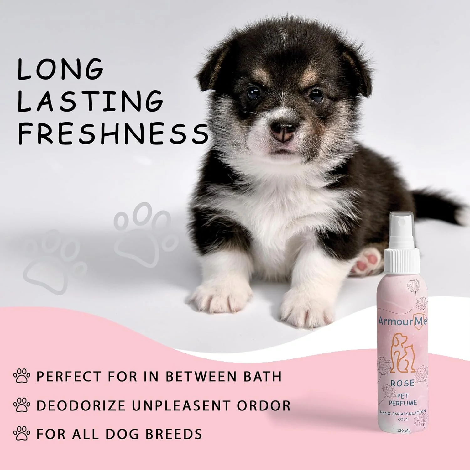 اسپری عطر حیوانات خانگی ArmourMe | عطر سگ و گربه | اسپری خوشبو کننده طبیعی برای حیوانات خانگی | از بین برنده بوهای نامطبوع حیوانات خانگی بدبو، متعادل کننده PH، فاقد سولفات، رنگ و پارابن. (رز)
