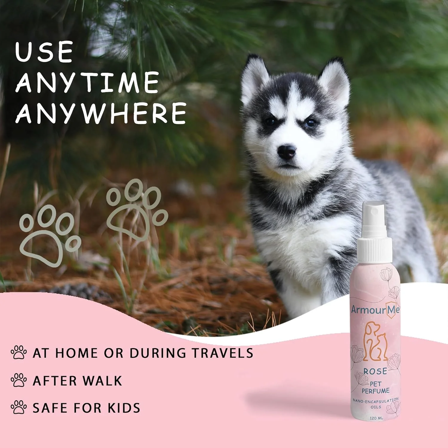 اسپری عطر حیوانات خانگی ArmourMe | عطر سگ و گربه | اسپری خوشبو کننده طبیعی برای حیوانات خانگی | از بین برنده بوهای نامطبوع حیوانات خانگی بدبو، متعادل کننده PH، فاقد سولفات، رنگ و پارابن. (رز)