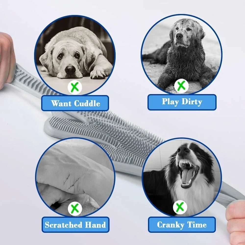 دستکش نظافت حیوانات خانگی Aputue، دستکش حمام سگ با دندانه‌های متراکم، موبر سیلیکونی مقاوم در برابر حرارت برای گربه، طراحی پنج انگشتی بهبود یافته، حمام و ماساژ برای سگ و گربه