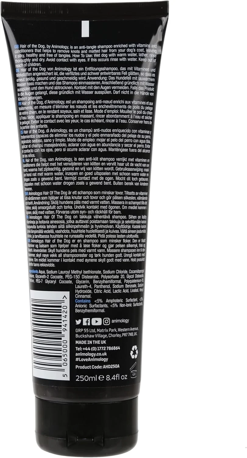 شامپو ضد گره خوردگی مو سگ Animology مدل Hair of the Dog حجم 250 میلی لیتر، شامپو مراقبت از پوست و مو، از بین برنده کثیفی و بوی نامطبوع، باز کننده گره و حذف کننده گره خوردگی از موی سگ