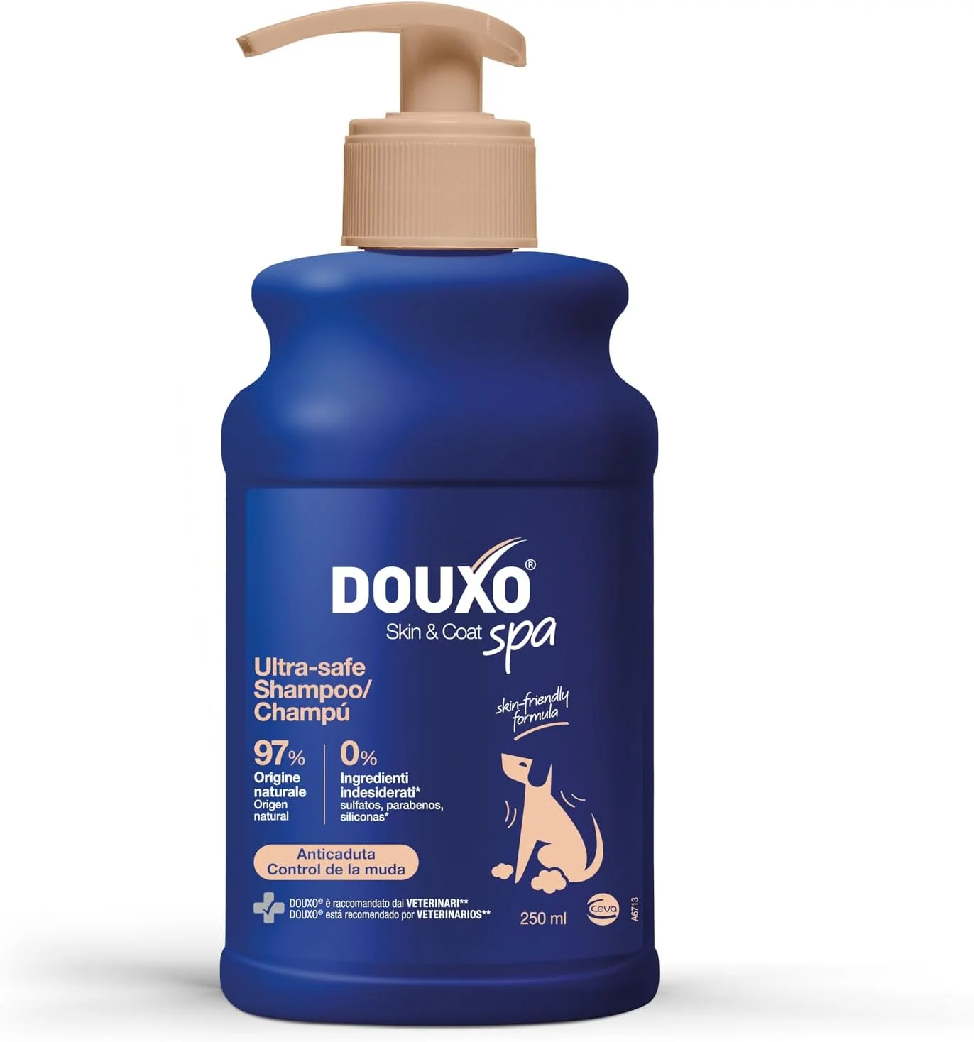 شامپو ضد خارش پوست و مو سگ DOUXO® SPA فوق العاده ایمن 250 میلی لیتر. پوست را تمیز و تسکین می دهد، مو را تقویت می کند، مو را نرم و براق می کند. فرمول ملایم برای پوست.