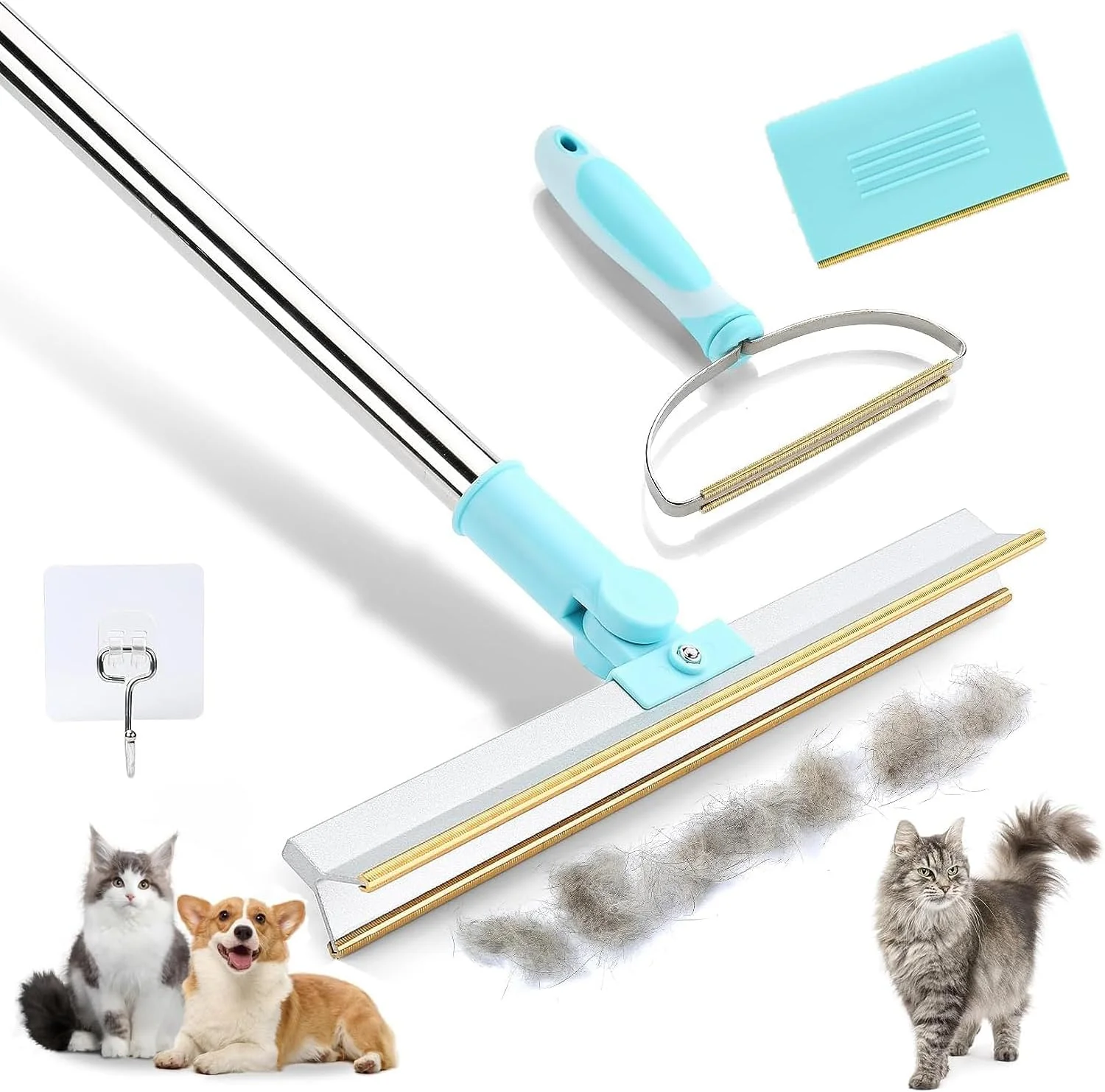 مجموعه 3 عددی مو جمع کن حیوانات خانگی Angju، ابزار جمع آوری موی حیوانات خانگی با دسته تلسکوپی 140 سانتی متری، چنگک فرش و قالیچه برای جمع آوری موی سگ و گربه با چرخش 180 درجه، اسکراپر فرش برای موی حیوانات خانگی