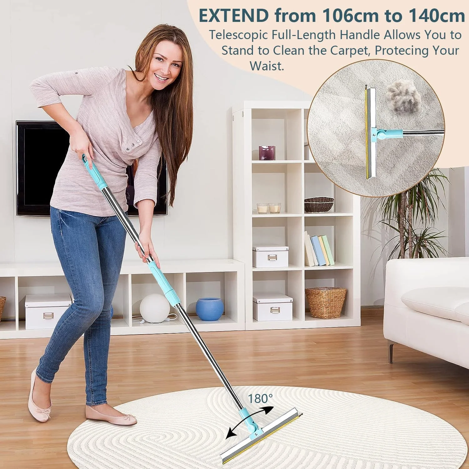 مجموعه 3 عددی مو جمع کن حیوانات خانگی Angju، ابزار جمع آوری موی حیوانات خانگی با دسته تلسکوپی 140 سانتی متری، چنگک فرش و قالیچه برای جمع آوری موی سگ و گربه با چرخش 180 درجه، اسکراپر فرش برای موی حیوانات خانگی