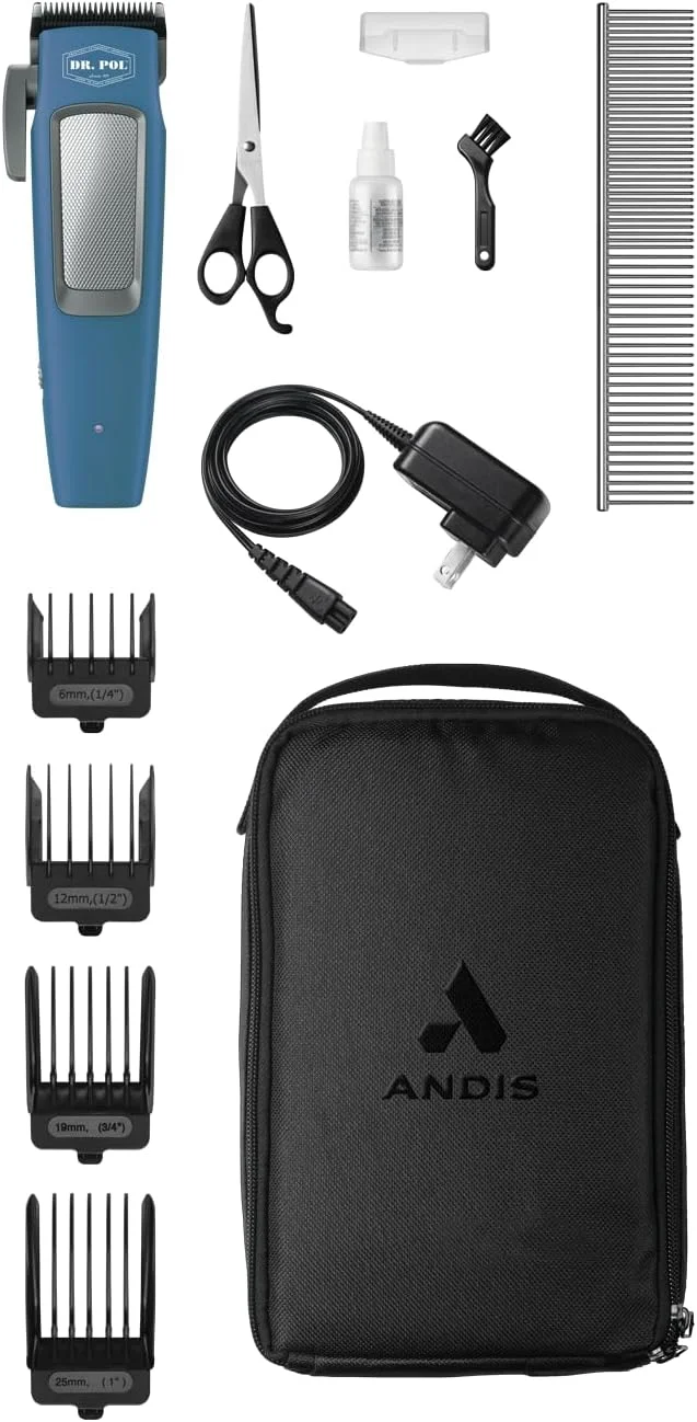 ست ماشین اصلاح بی سیم Andis Dr. Pol Easy Clip Cordless II، سبک وزن، یون لیتیوم قدرتمند، پیرایش جهانی روی پوشش های سبک تا متوسط با تیغه با روکش تیتانیوم قابل تنظیم، آبی، 561125 ست ماشین اصلاح بی سیم Andis Dr. Pol Easy Clip Cordless II، سبک وزن، یون لیتیوم قدرتمند، پیرایش جهانی روی پوشش های سبک تا متوسط با تیغه با روکش تیتانیوم قابل تنظیم، آبی، 561125