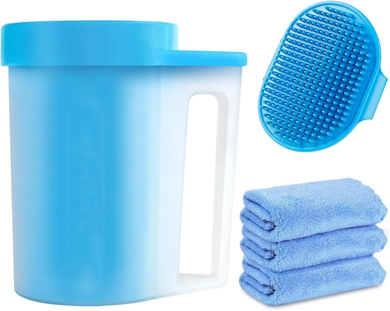 تمیز کننده پنجه سگ ALMEKAQUZ با دسته برای سگ های متوسط، به همراه حوله های جاذب و برس حمام سگ قابل تنظیم، دستگاه شستشوی پنجه سگ، تمیز کننده پای حیوانات خانگی (مجموعه 3 عددی، آبی)