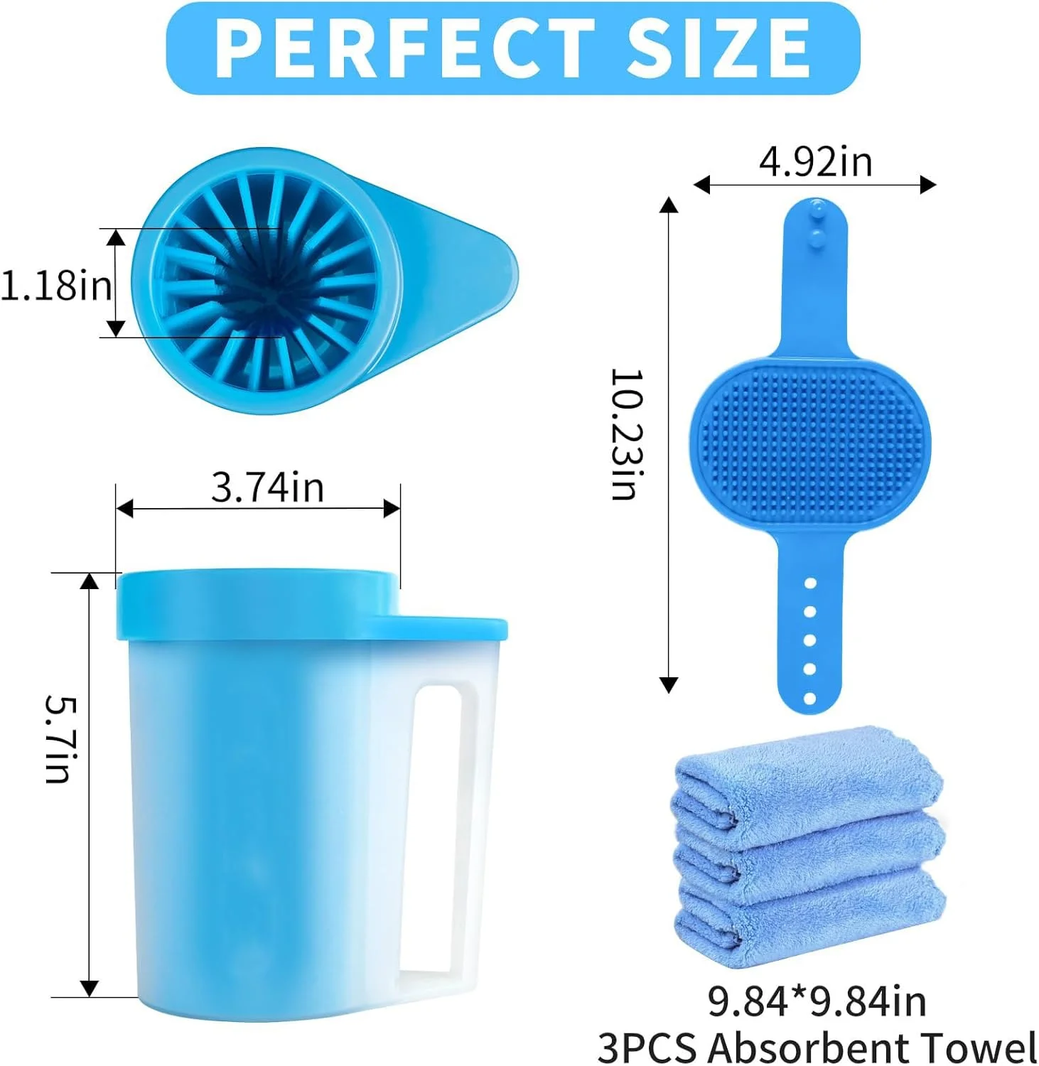 تمیز کننده پنجه سگ ALMEKAQUZ با دسته برای سگ های متوسط، به همراه حوله های جاذب و برس حمام سگ قابل تنظیم، دستگاه شستشوی پنجه سگ، تمیز کننده پای حیوانات خانگی (مجموعه 3 عددی، آبی)