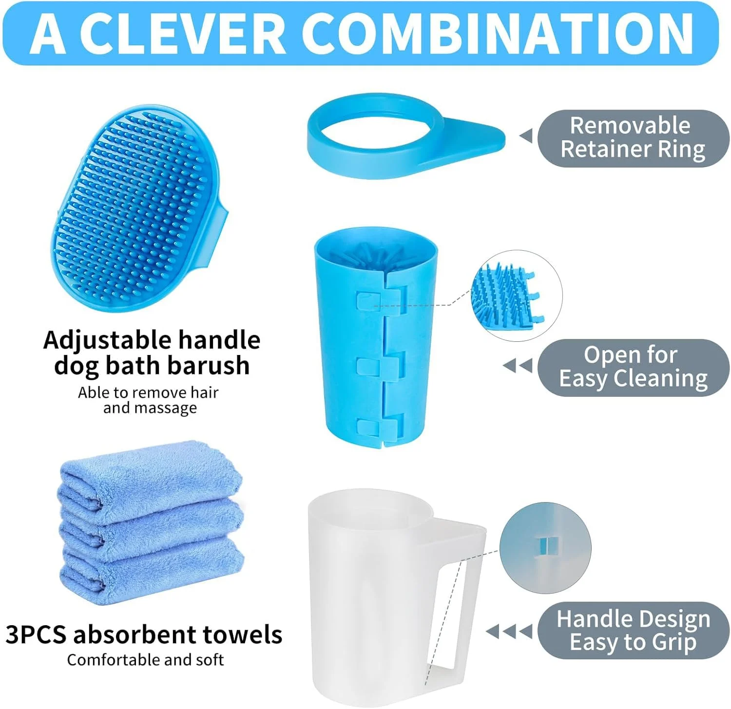 تمیز کننده پنجه سگ ALMEKAQUZ با دسته برای سگ های متوسط، به همراه حوله های جاذب و برس حمام سگ قابل تنظیم، دستگاه شستشوی پنجه سگ، تمیز کننده پای حیوانات خانگی (مجموعه 3 عددی، آبی)