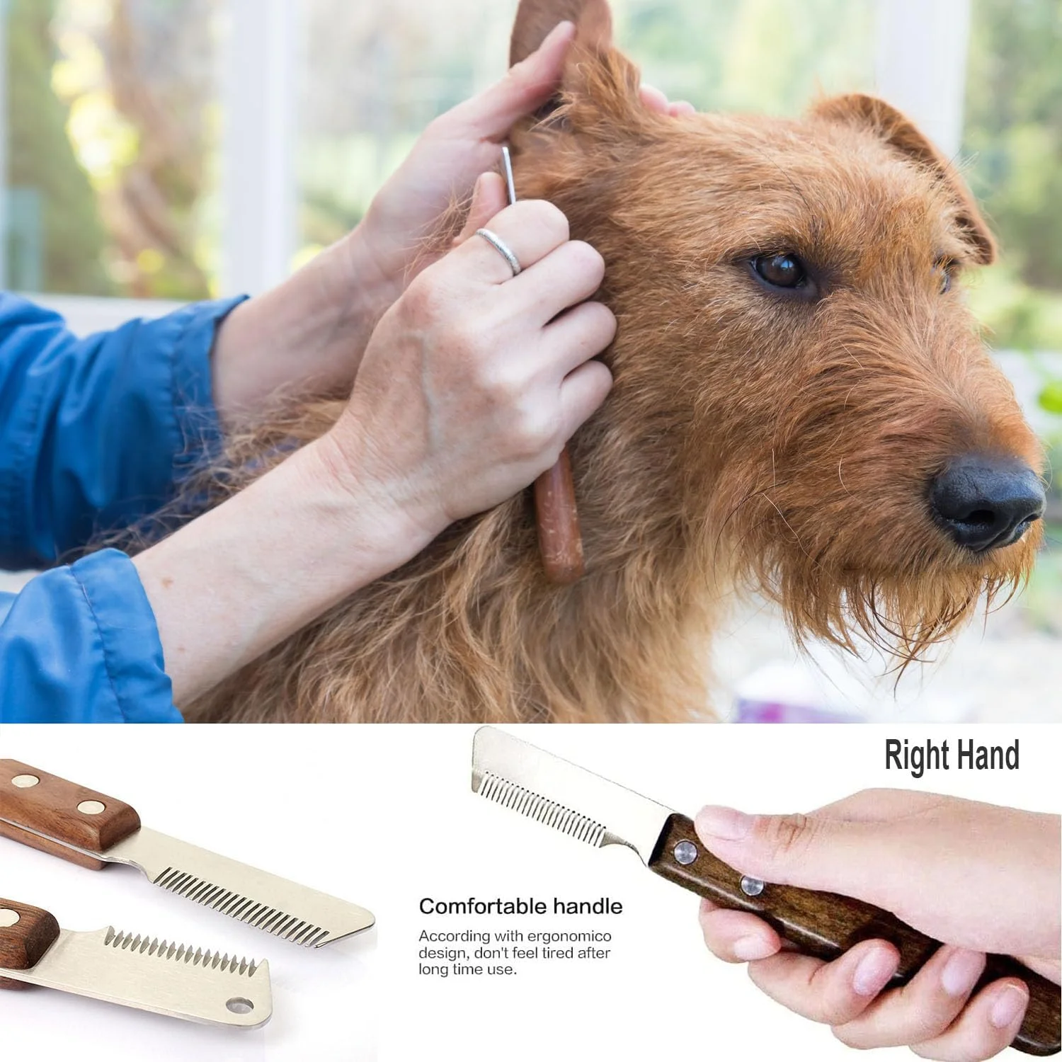 چاقوی استریپینگ حرفه ای سگ Aidiyapet، ابزار چاقوهای استریپینگ برای سگ ها، چاقوی استریپینگ دستی برای تریر بوردر، ابزار نظافت حیوانات خانگی، دسته چوبی ارگونومیک (راست دست)