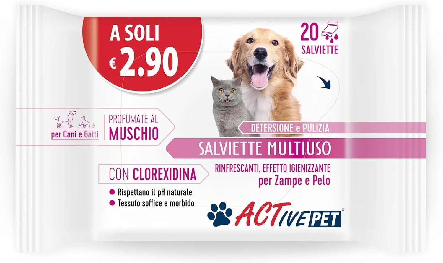 دستمال مرطوب چند منظوره کلرهگزیدین F & F Active Pet برای تمیز کردن موی سگ و گربه - رایحه خزه - بسته 20 عددی