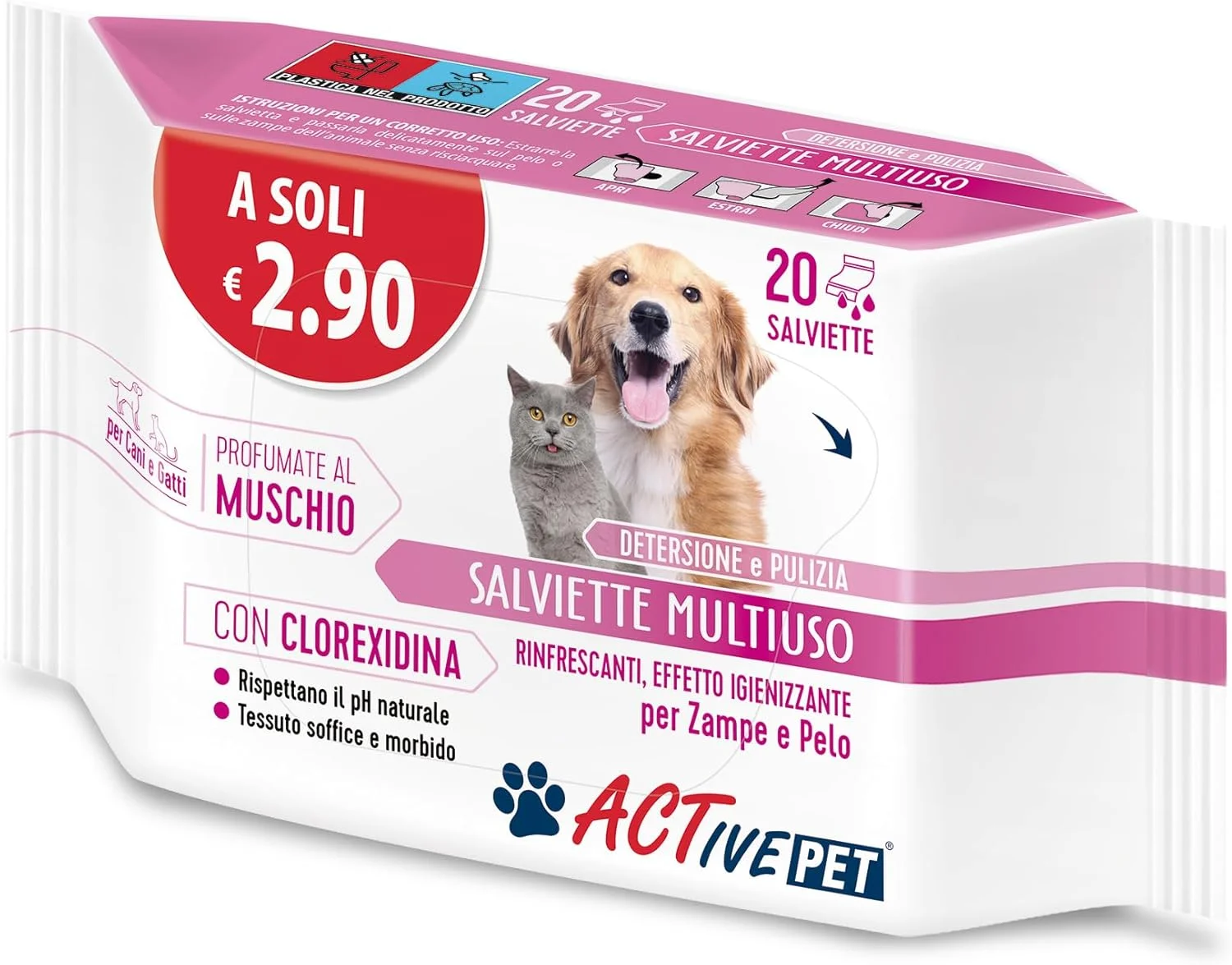 دستمال مرطوب چند منظوره کلرهگزیدین F & F Active Pet برای تمیز کردن موی سگ و گربه - رایحه خزه - بسته 20 عددی