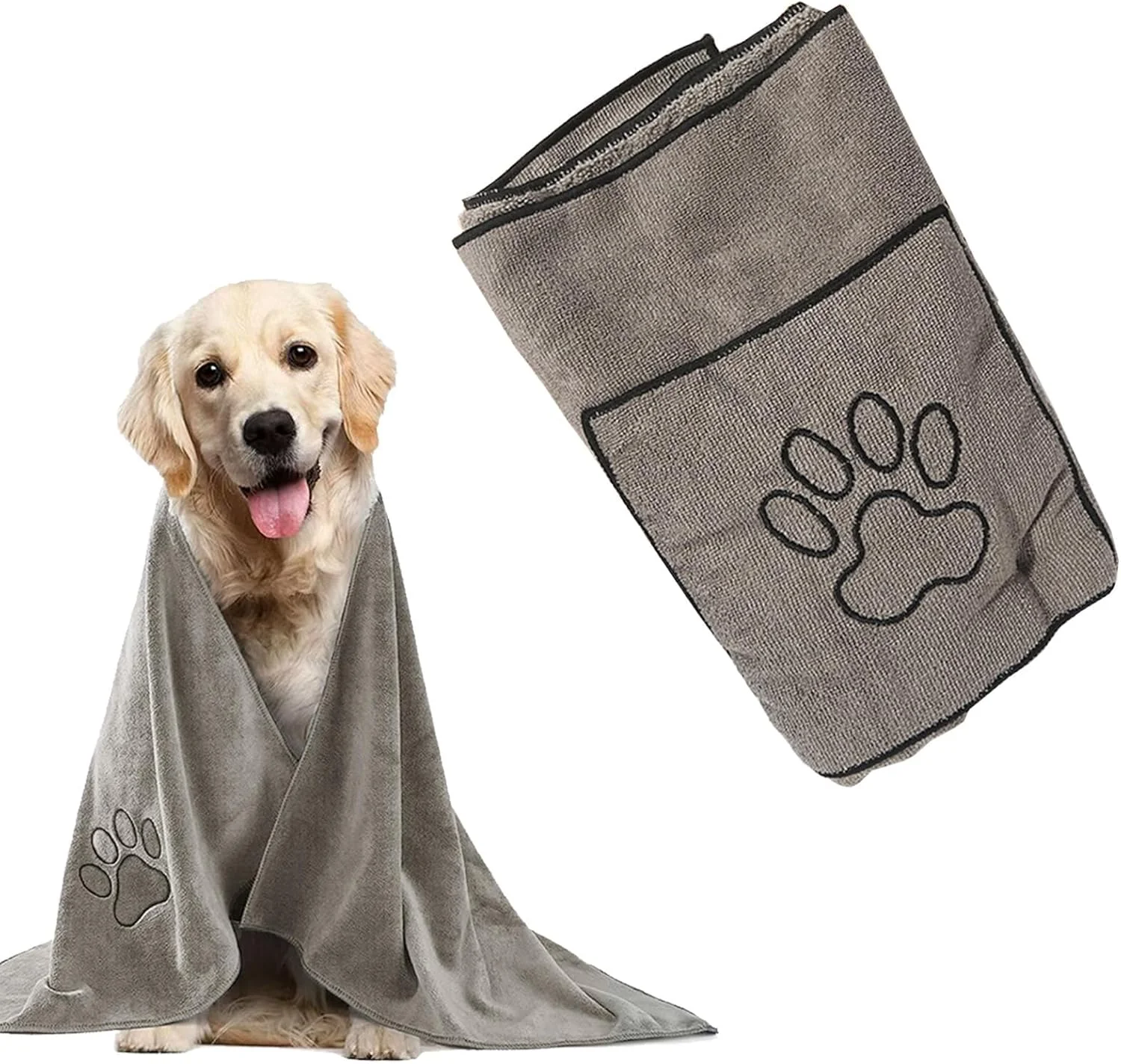حوله خشک کن سگ، 100 * 50 سانتی متر، حوله میکروفایبر جاذب آب با قابلیت خشک شدن سریع و دارای جیب های دستی، سایز بزرگ برای خشک کردن سریع، نرم و لطیف برای پوست سگ، ایده آل برای حمام و نظافت (خاکستری)