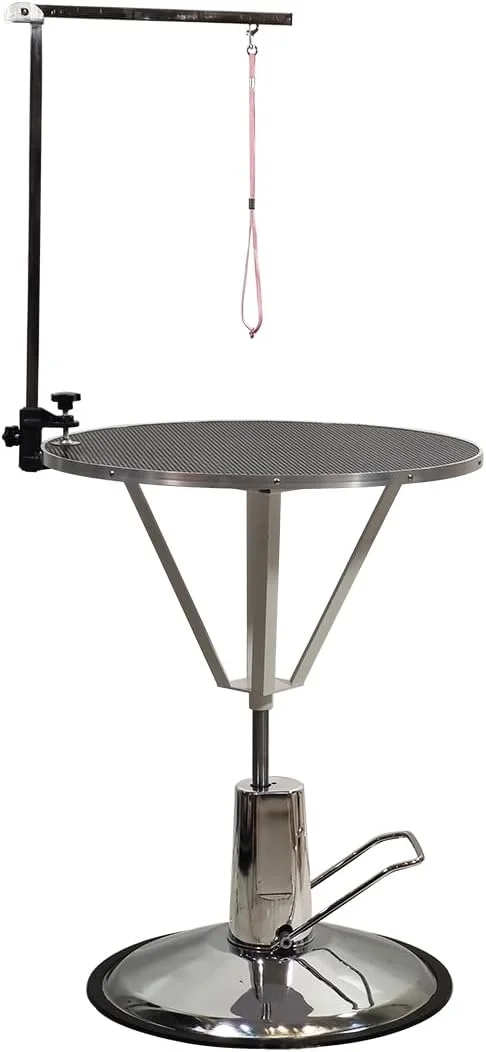 میز آرایش قابل تنظیم سگ و گربه، چرخش رومیزی، بالابر هیدرولیک، بازوی قابل تنظیم و حلقه، پایه آرایش سگ 160 سانتی متری با گیره ایمن، سطح ضد لغزش، پایه گرد و قاب سنگین (مشکی)