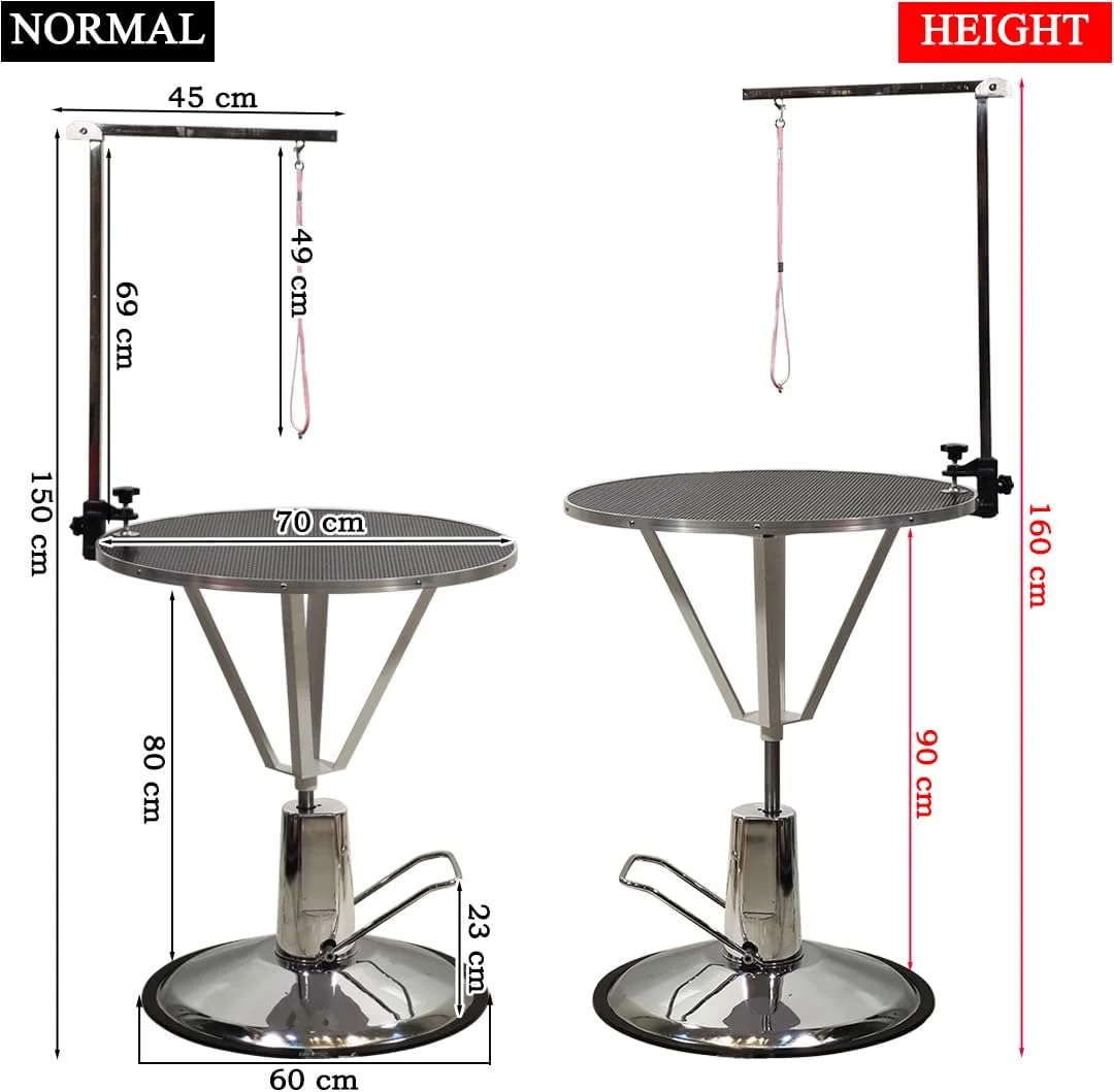 میز آرایش قابل تنظیم سگ و گربه، چرخش رومیزی، بالابر هیدرولیک، بازوی قابل تنظیم و حلقه، پایه آرایش سگ 160 سانتی متری با گیره ایمن، سطح ضد لغزش، پایه گرد و قاب سنگین (مشکی)