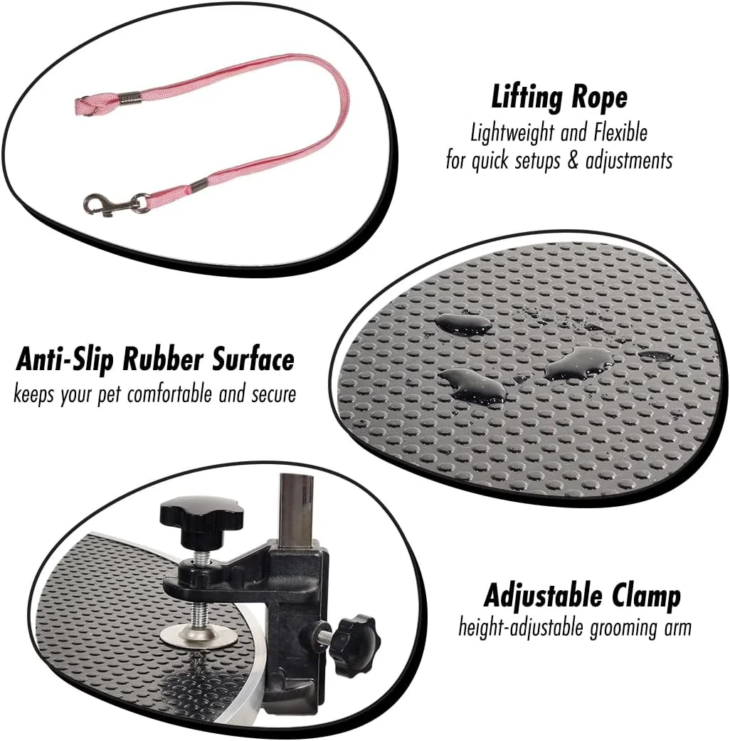 میز آرایش قابل تنظیم سگ و گربه، چرخش رومیزی، بالابر هیدرولیک، بازوی قابل تنظیم و حلقه، پایه آرایش سگ 160 سانتی متری با گیره ایمن، سطح ضد لغزش، پایه گرد و قاب سنگین (مشکی)