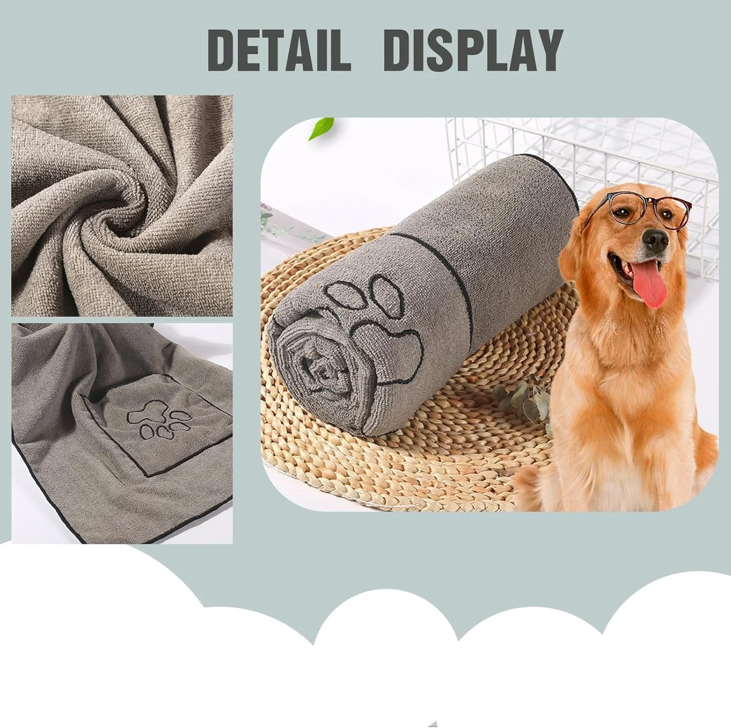 حوله خشک کن سگ، 100 * 50 سانتی متر، حوله میکروفایبر جاذب آب با قابلیت خشک شدن سریع و دارای جیب های دستی، سایز بزرگ برای خشک کردن سریع، نرم و لطیف برای پوست سگ، ایده آل برای حمام و نظافت (خاکستری)