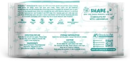 دستمال مرطوب آنتی باکتریال سگ و گربه Absolute Holistic Absorb Plus حاوی آلوئه ورا 80 عددی