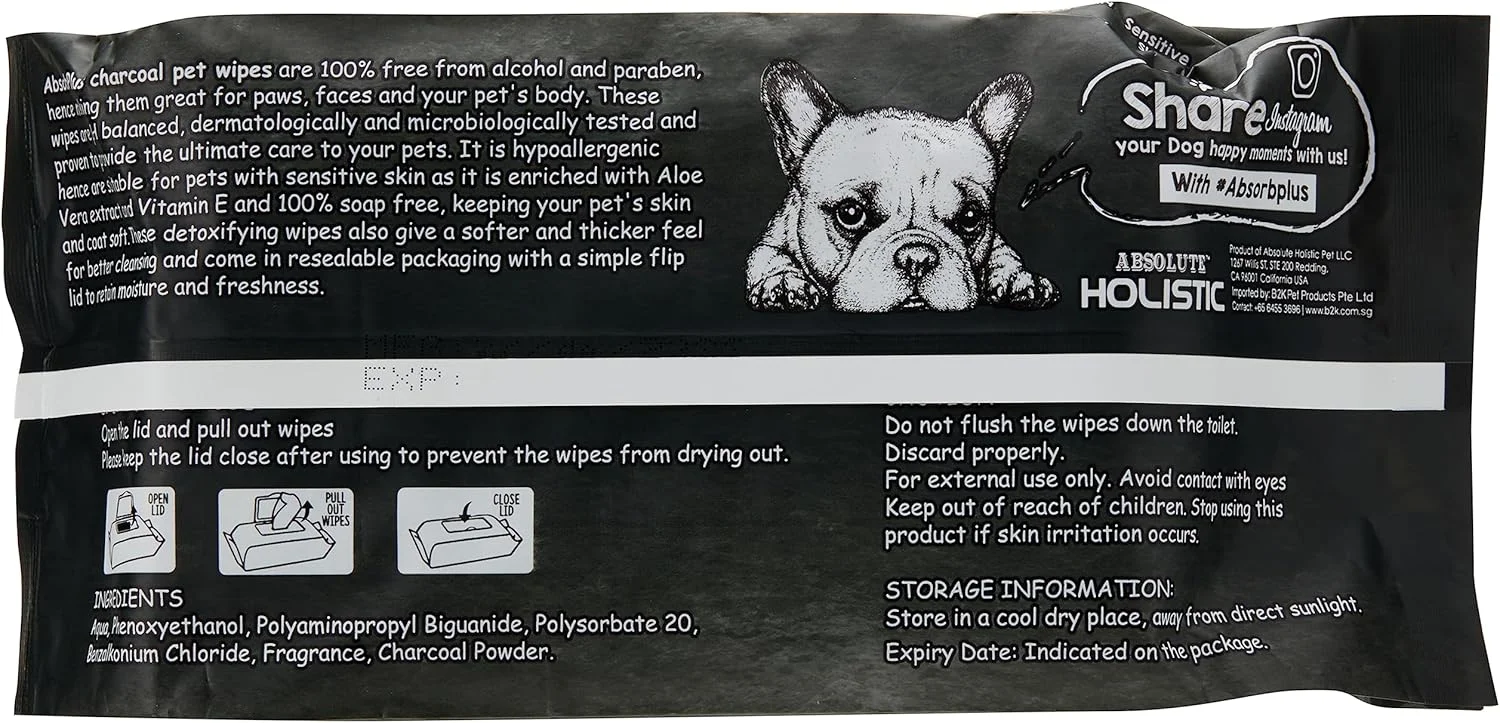 دستمال مرطوب ذغالی سگ و گربه ابسولوت هولیستیک Absorb Plus با رایحه آلوئه ورا 80 عددی