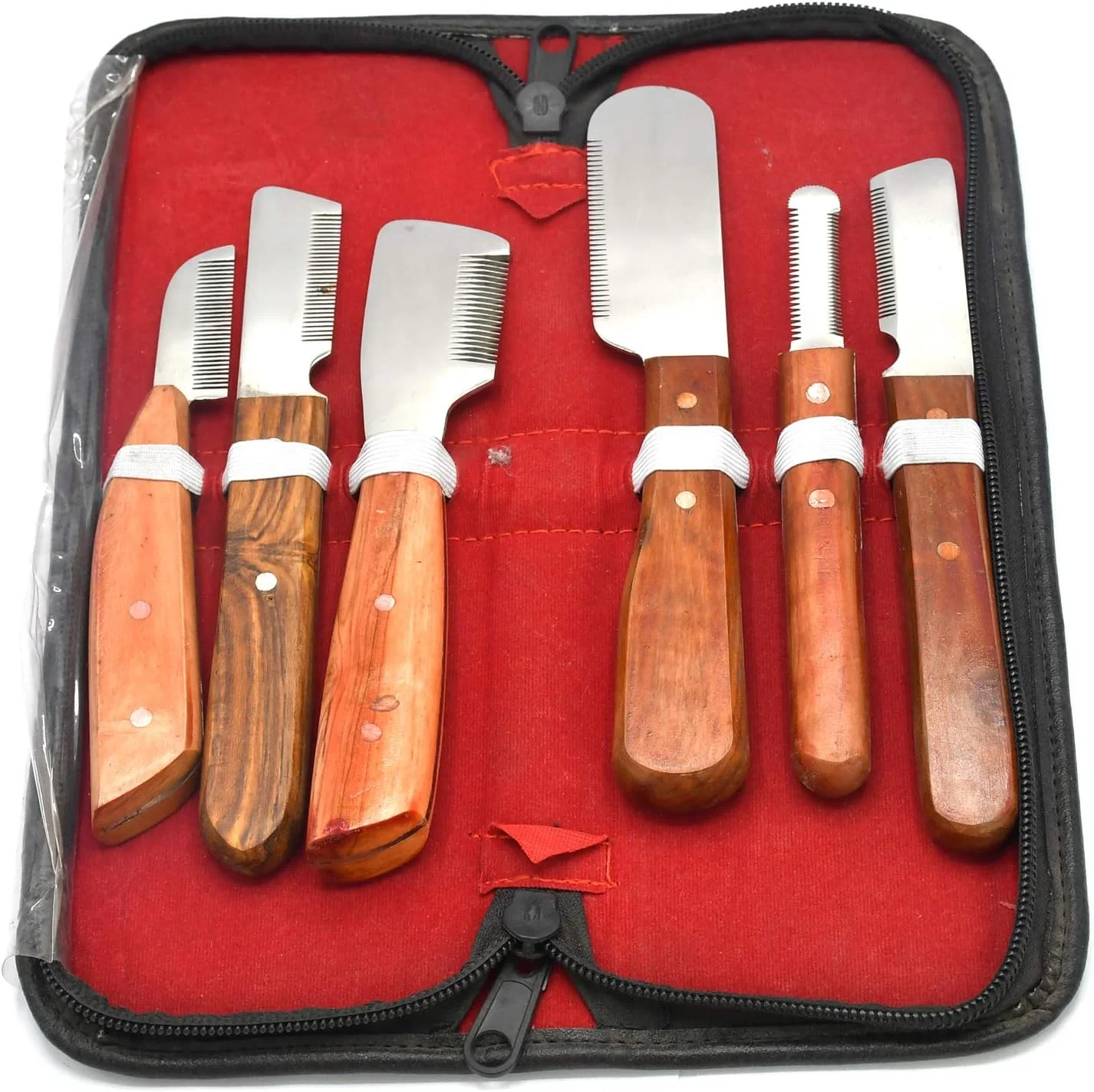 ابزار نظافت و پیرایش سگ AAProTools، چاقوی استریپینگ، تریمر، دسته چوبی، ست 6 عددی چاقوهای استریپینگ از جنس استیل ضد زنگ، ابزارهای ضد لغزش برای نظافت سگ