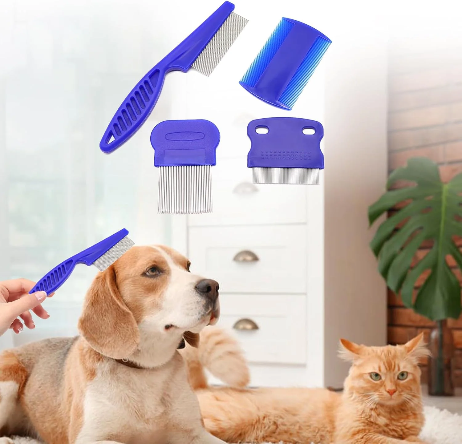 ست 4 عددی شانه حیوانات خانگی، شانه دندانه ریز چند منظوره برای صاف کردن مو، برس برای سگ و گربه