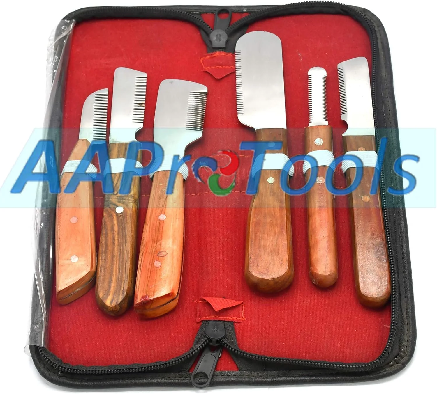 ابزار نظافت و پیرایش سگ AAProTools، چاقوی استریپینگ، تریمر، دسته چوبی، ست 6 عددی چاقوهای استریپینگ از جنس استیل ضد زنگ، ابزارهای ضد لغزش برای نظافت سگ