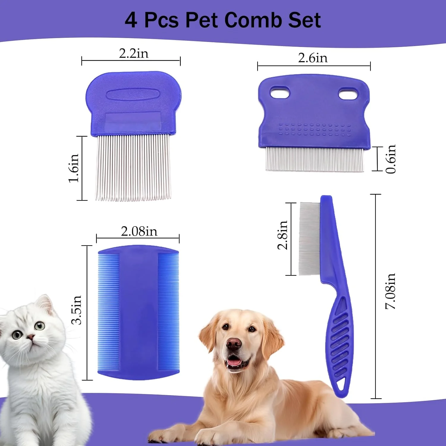 ست 4 عددی شانه حیوانات خانگی، شانه دندانه ریز چند منظوره برای صاف کردن مو، برس برای سگ و گربه