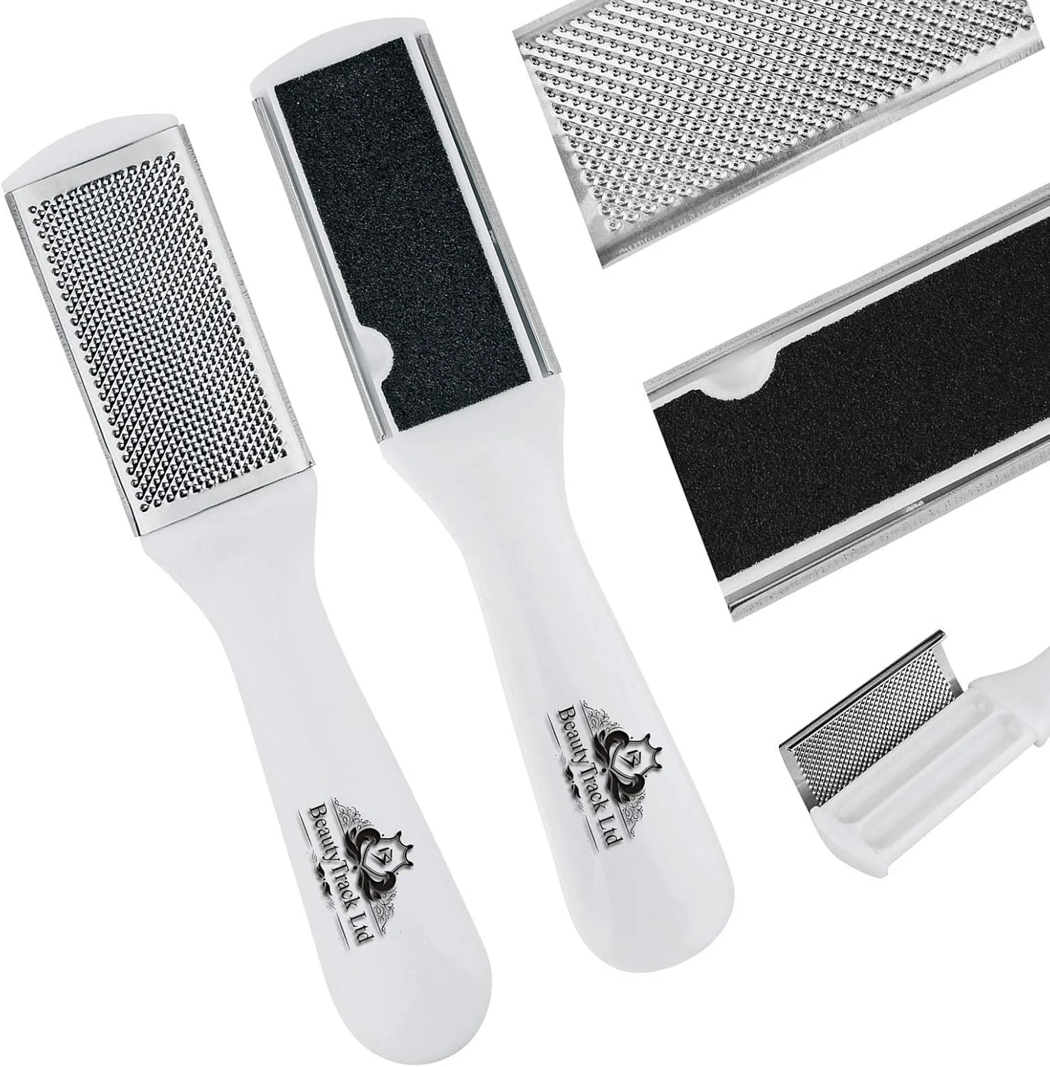 پک 3 عددی سوهان پا BeautyTrack دو طرفه حرفه ای، رنده از بین برنده پوست سخت و مرده، پدیکور، از بین برنده پینه، پوست خشک، زبر و مرده، نرم کننده پا (سوهان پای سفید)