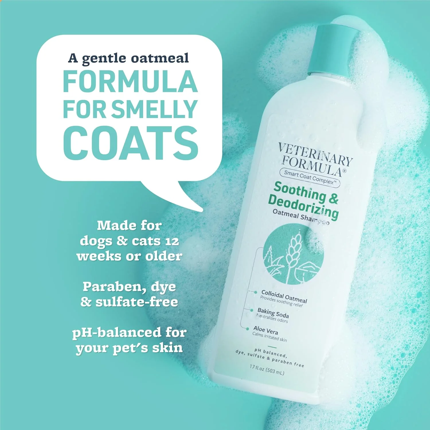 شامپو جو دوسر تسکین دهنده و خوشبو کننده پوست و مو سگ Veterinary Formula Smart Coat Complex، 500 میلی لیتر - جوش شیرین بوها را از بین می برد، آلوئه ورا و جو دوسر پوست را تمیز و آبرسانی می کنند - رایحه ماندگار