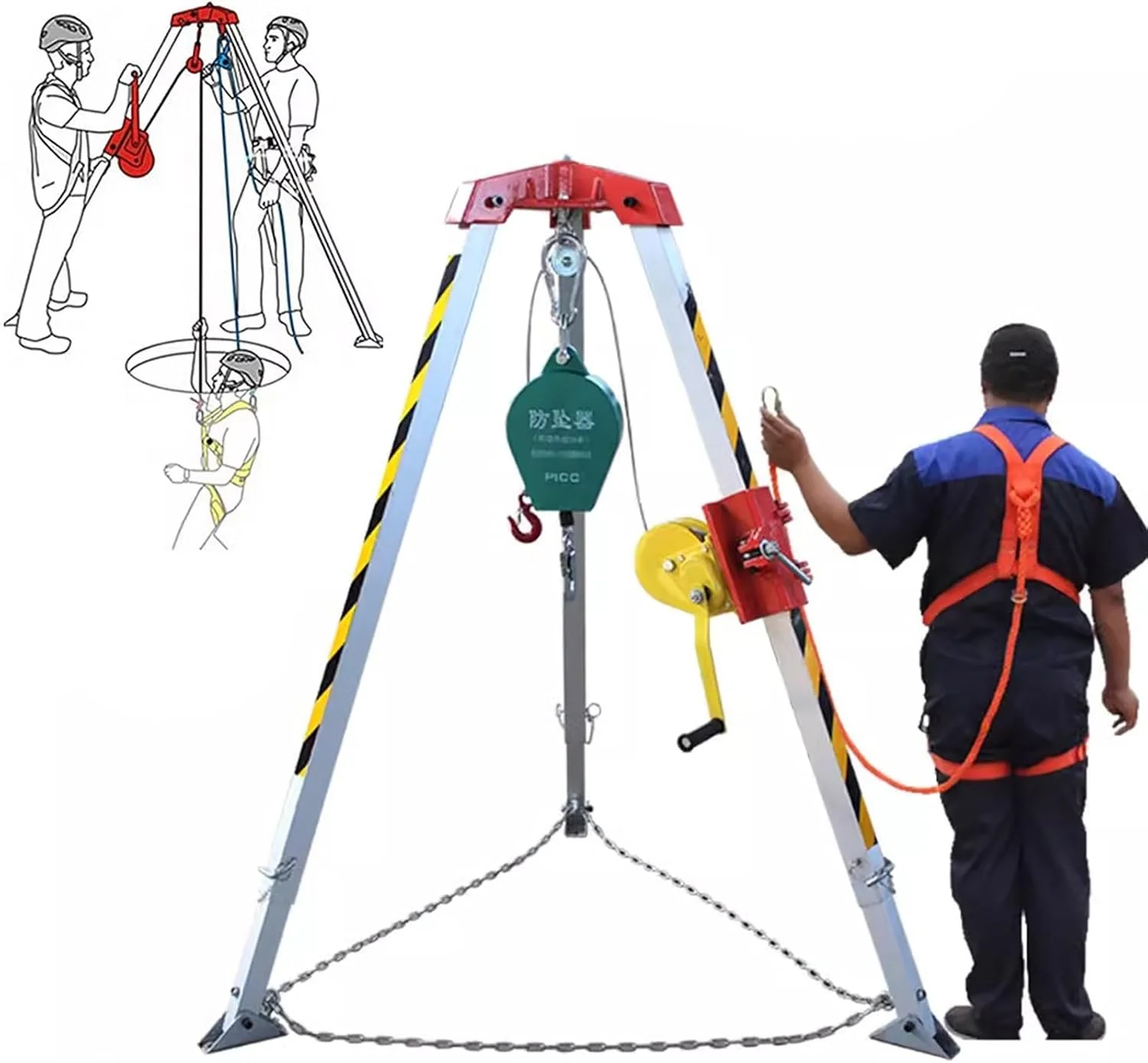 کیت سه پایه سیستم بالابر فضاهای باریک 1200 پوند، سه پایه فضای محدود با پایه جمع شونده 7 فوتی برای ساخت و ساز، سه پایه نجات آتش نشانی چاه فاضلاب