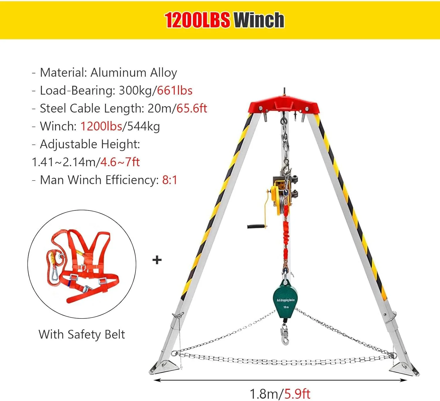 کیت سه پایه سیستم بالابر فضاهای باریک 1200 پوند، سه پایه فضای محدود با پایه جمع شونده 7 فوتی برای ساخت و ساز، سه پایه نجات آتش نشانی چاه فاضلاب