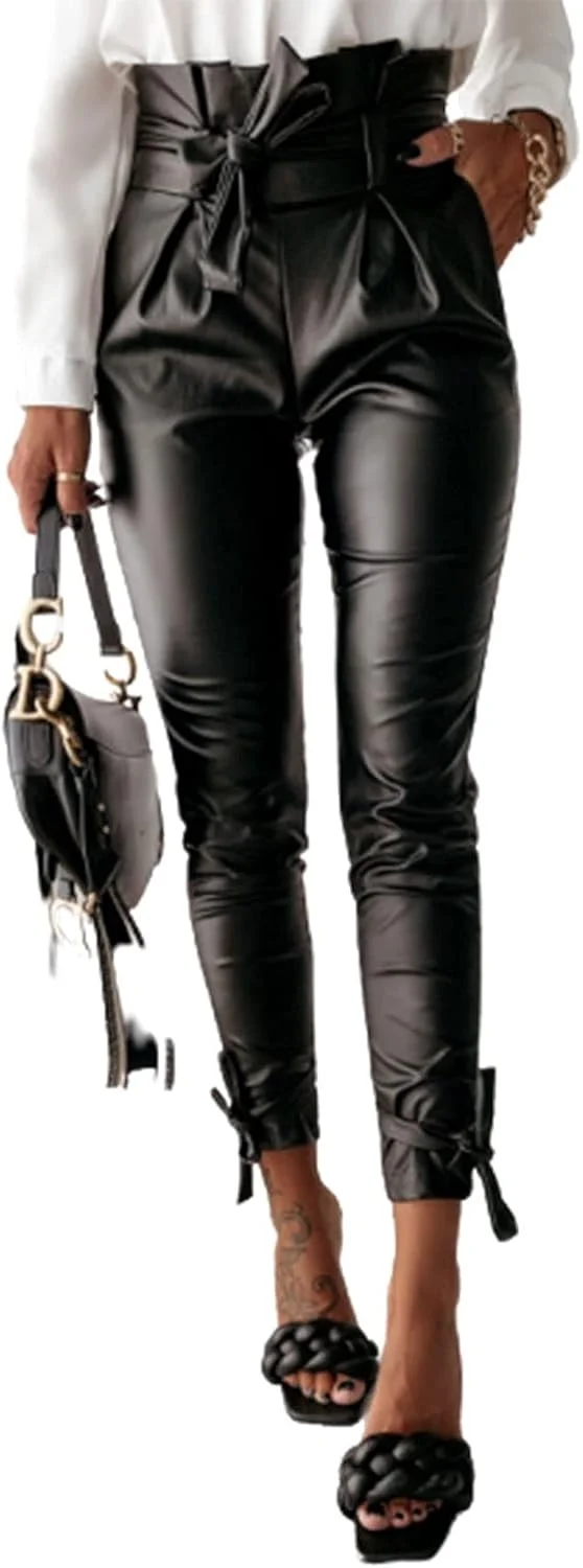 شلوار زنانه HFKRNS، شلوار چرمی PU زنانه کمر بلند تنگ و باریک کمربند شلوار مدادی (رنگ: مشکی، سایز: لارج اروپایی) (مشکی اروپایی)