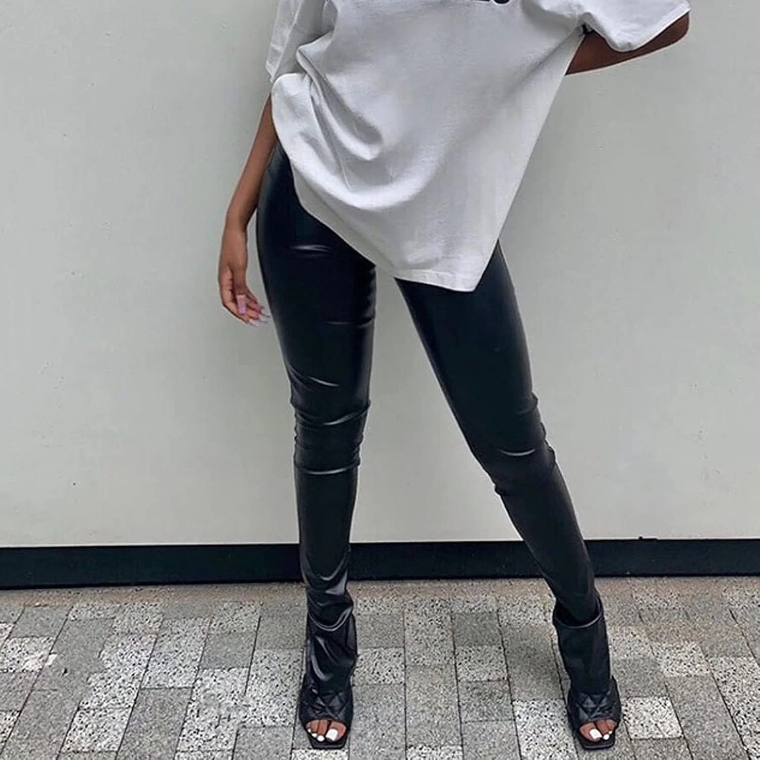 شلوار زنانه HFKRNS، شلوار زمستانی شلوار چرمی زنانه، شلوار روزمره PU گرم زنانه، شلوار چاک دار باریک پاییزی با کمر بلند (رنگ: مشکی، سایز: لارج اروپایی) (مشکی اروپایی)