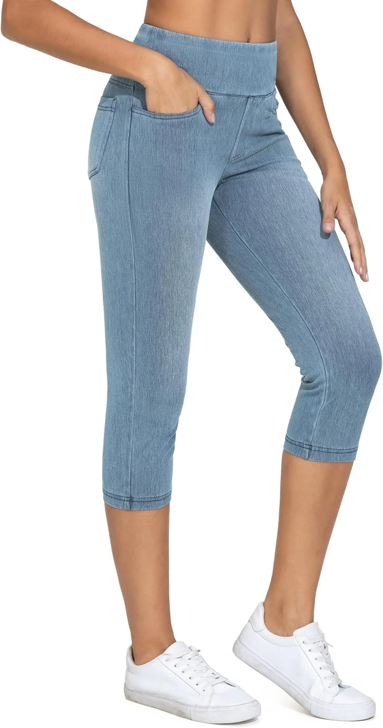 شلوار جین زنانه THE GYM PEOPLE، کمر بلند، کشی، مدل Capri Jeggings، دارای فاق بلند و جیب