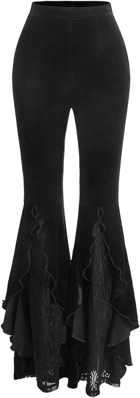 شلوار زنانه GORGLITTER مخمل با تزیین توری و چین دار، کمر کشی، مدل دمپا گشاد، مشکی سایز S