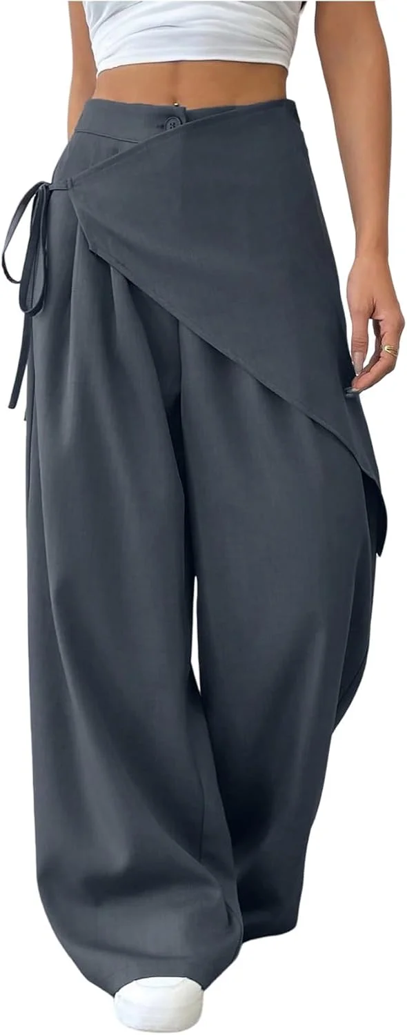 GORGLITTER شلوار زنانه کمر بلند پاپیونی گره ای، پاچه گشاد، مناسب استایل خیابانی و مدل بگ