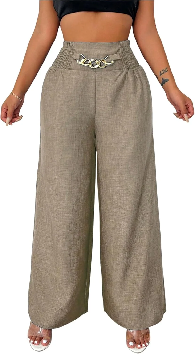 شلوار پالازو زنانه GORGLITTER با زنجیر فلزی، پاچه گشاد، کمر کشی بلند و فرم آزاد