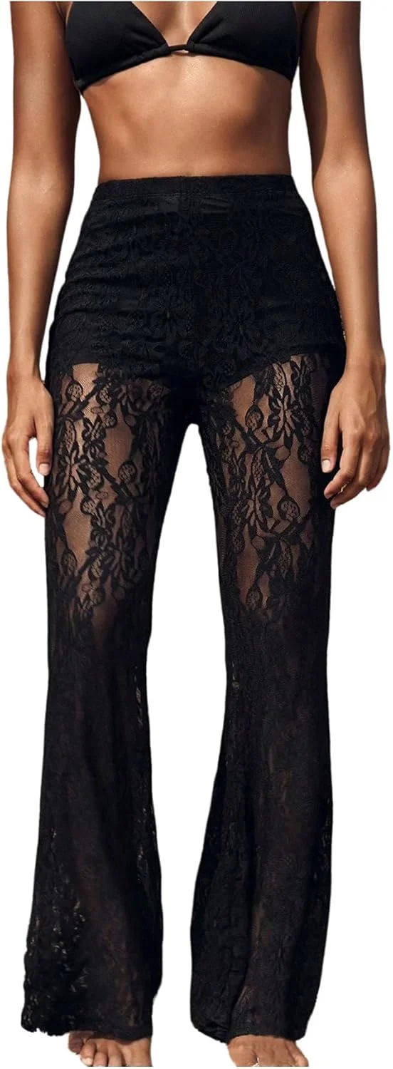 شلوار توری زنانه GORGLITTER با پاچه گشاد، کمر کشی الاستیک بلند، مناسب مهمانی های جذاب