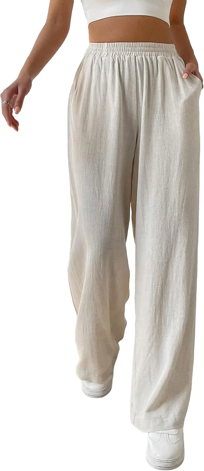 GORGLITTER شلوار زنانه گشاد با پاچه های پهن، کمر کشی و جیب های مورب بلند