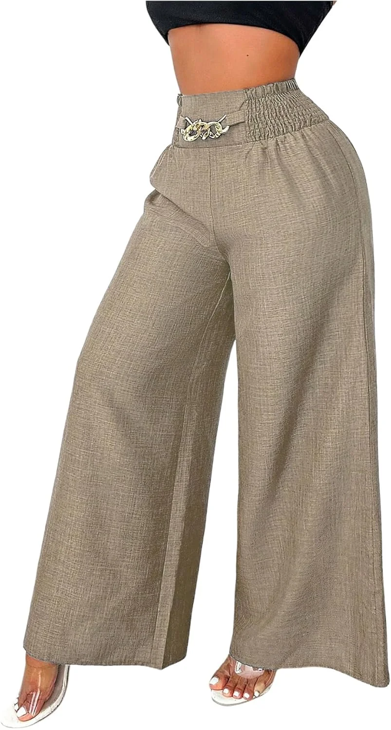 شلوار پالازو زنانه GORGLITTER با زنجیر فلزی، پاچه گشاد، کمر کشی بلند و فرم آزاد