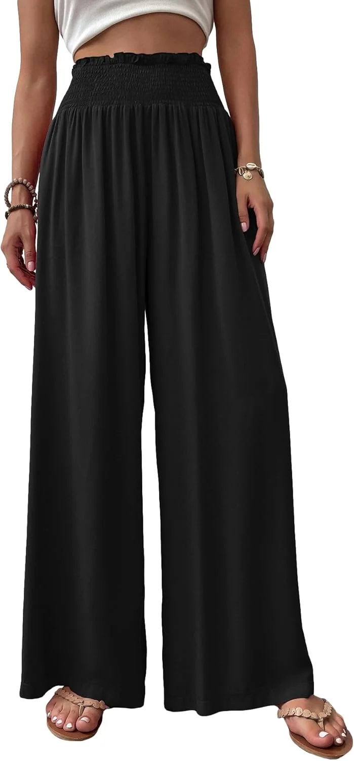 شلوار زنانه GORGLITTER، کمر کشی الاستیک بلند، چین دار، پاچه گشاد و روان، مناسب استراحت